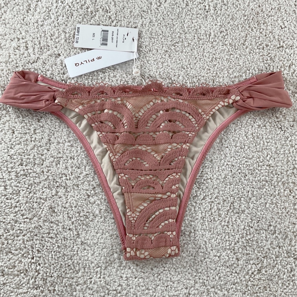 PilyQ Dusty Rose Lace Fanned Teeny Bikini Bottom Ruched Back DUS-251T NWT Size L - Picture 2 of 10